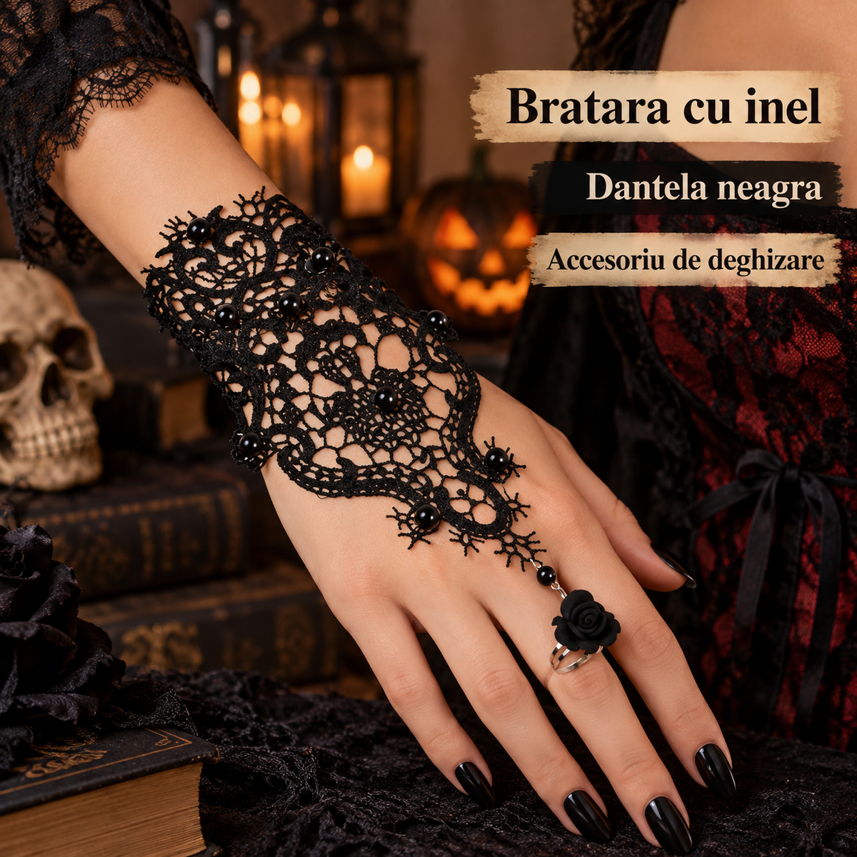 Bratara Cu Inel Si Dantela Neagra Pentru Look Gotic - specificatii - Shopiens