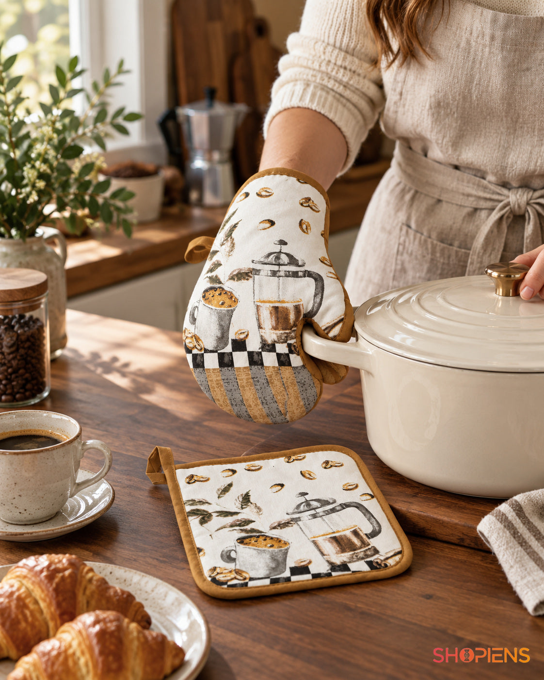 Set mănușă și șervet cu imprimeu cafea