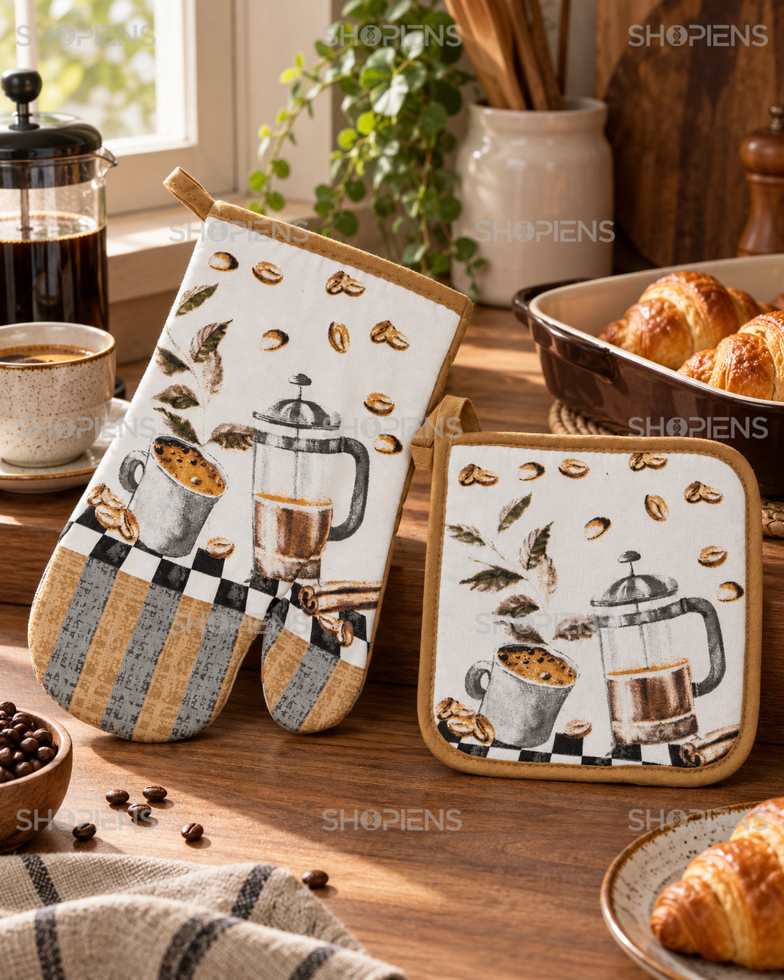 Set mănușă și șervet cu imprimeu cafea