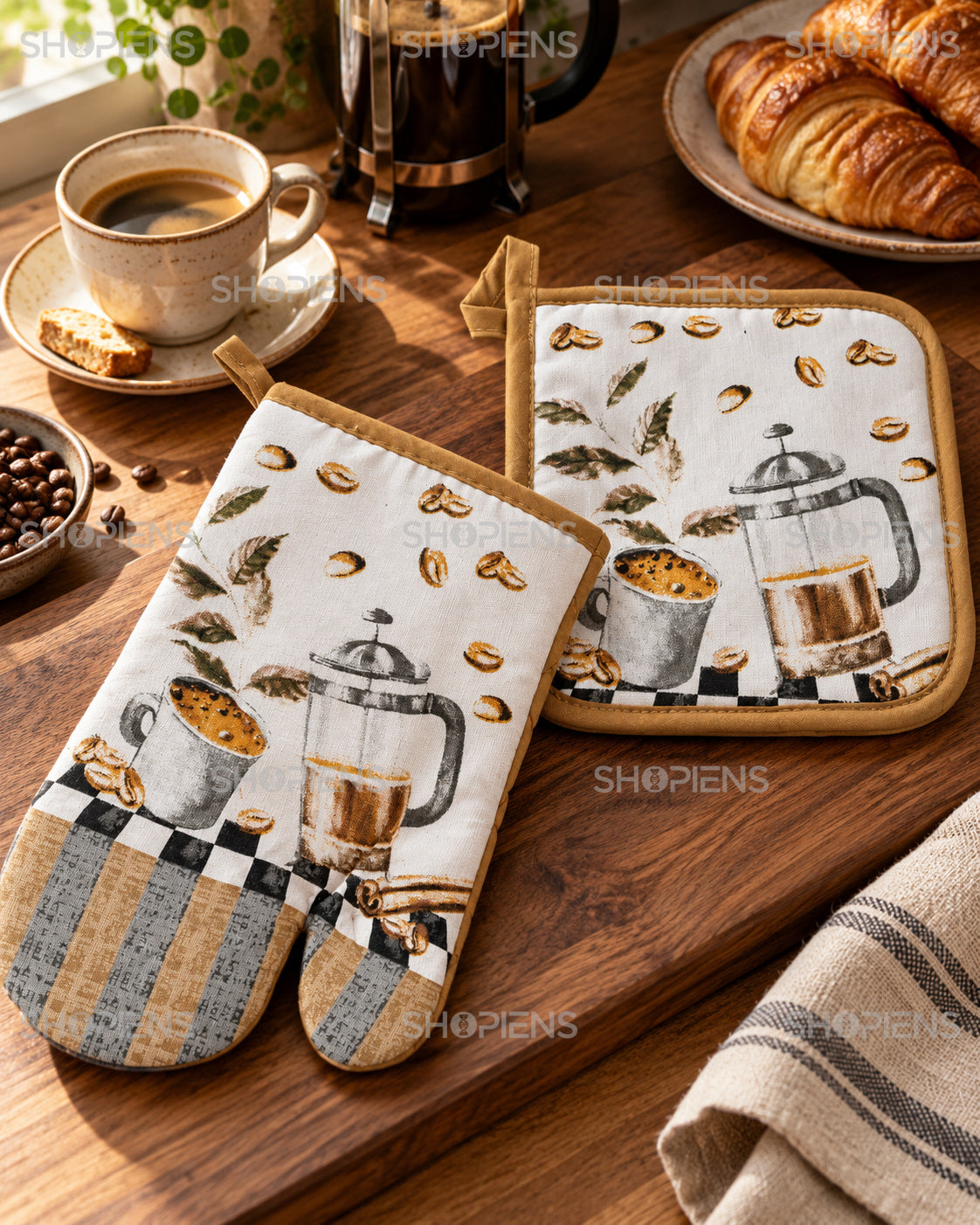 Set mănușă și șervet cu imprimeu cafea