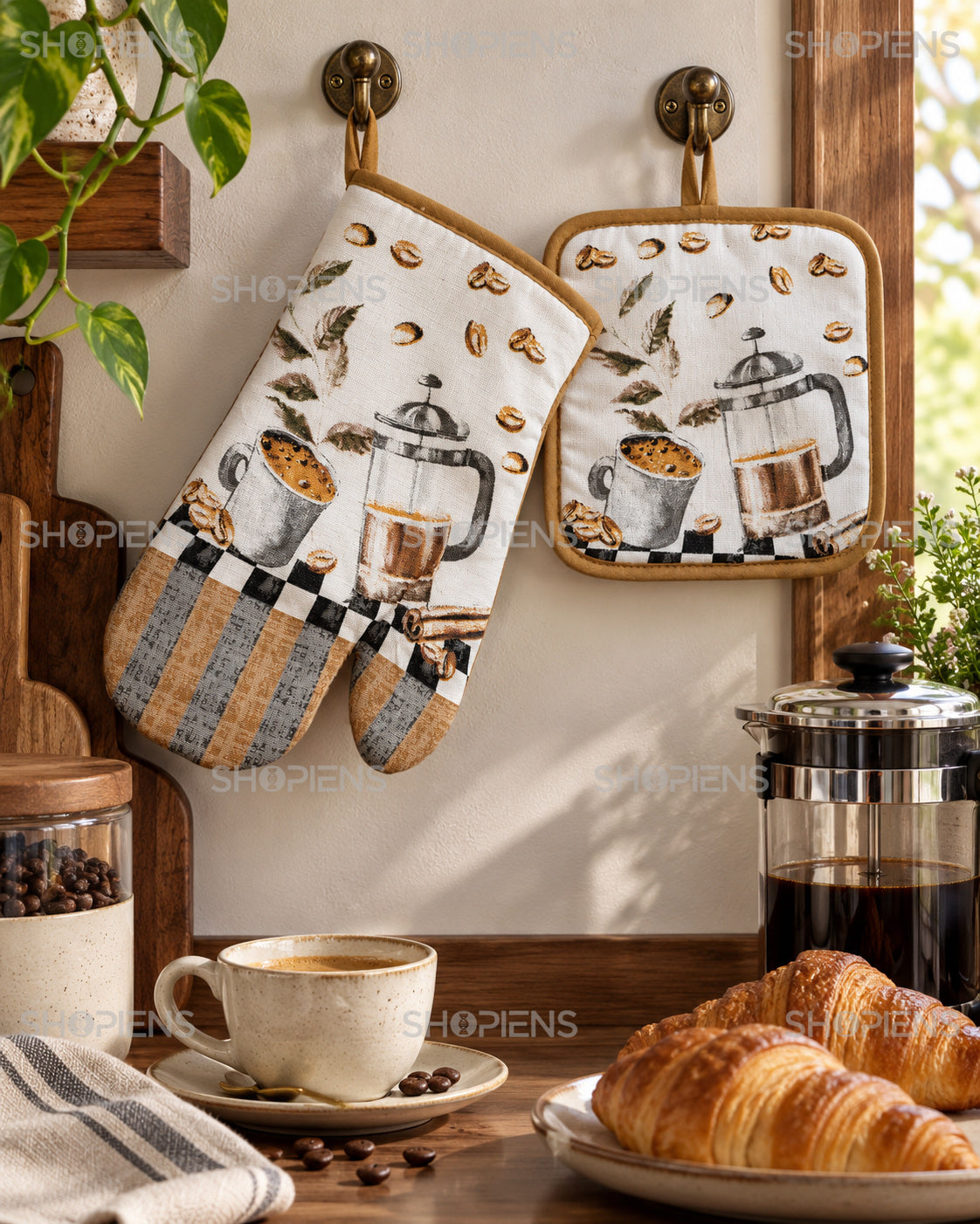 Set mănușă și șervet cu imprimeu cafea