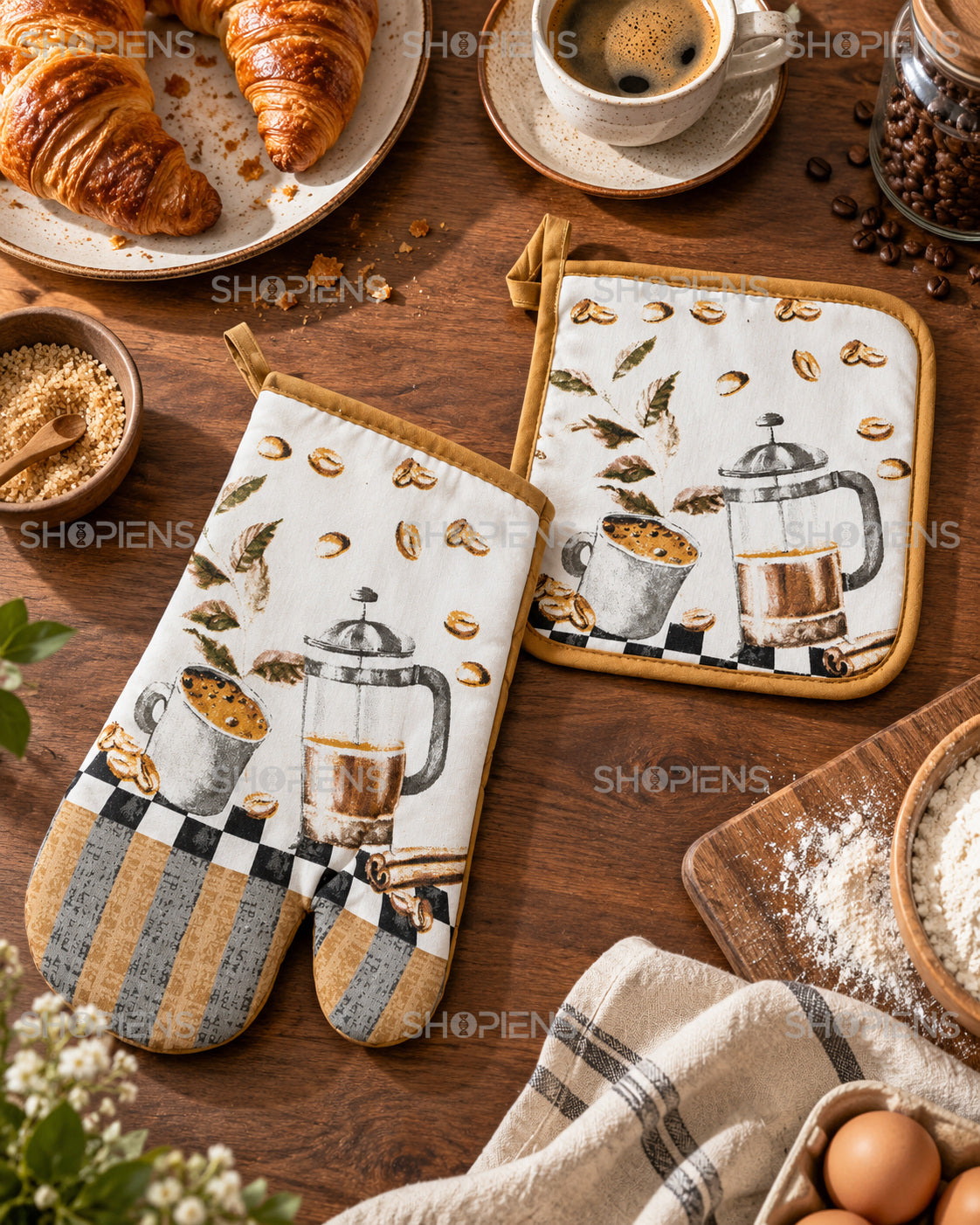 Set mănușă și șervet cu imprimeu cafea