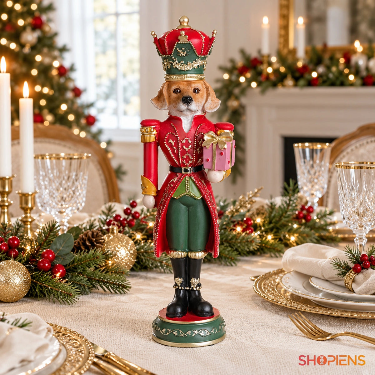 Câine soldățel cu uniformă și cadou roz, 37 cm pe masa festivă, în lumină naturală | Shopiens®