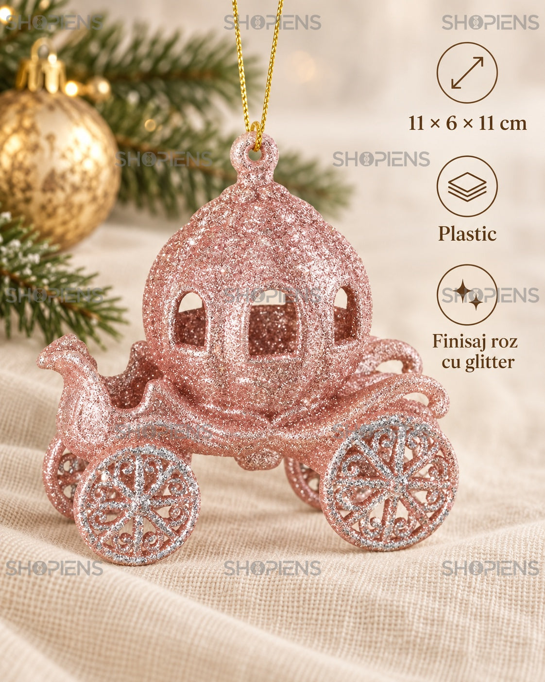 Specificații caleașcă roz pentru brad – Shopiens
