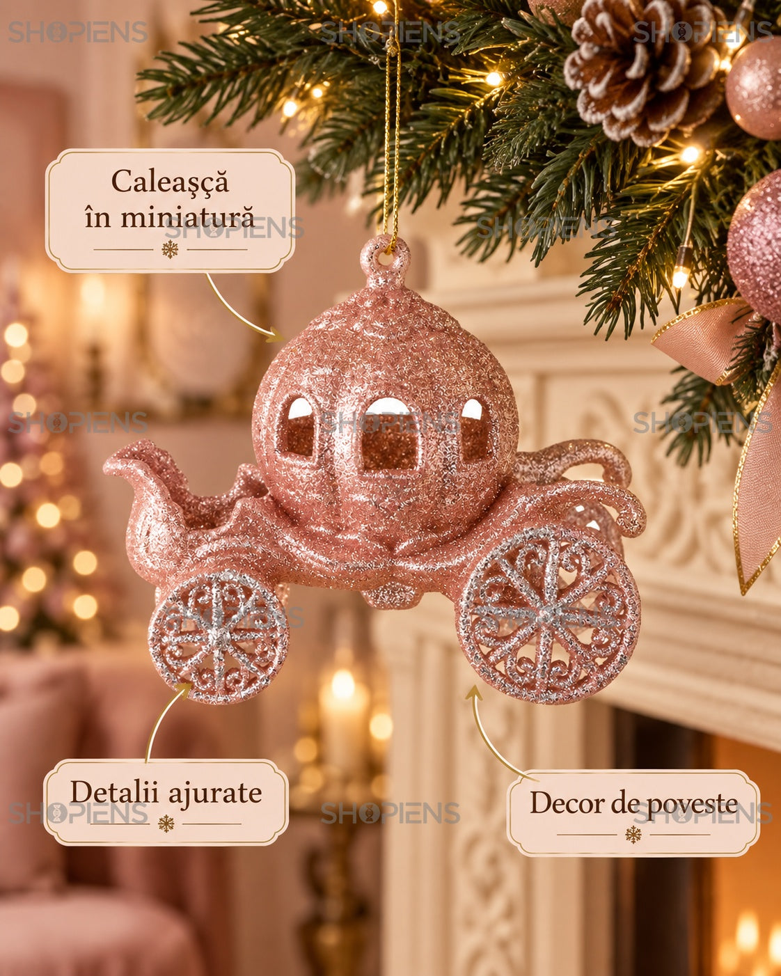 Detalii caleașcă roz pentru brad – Shopiens