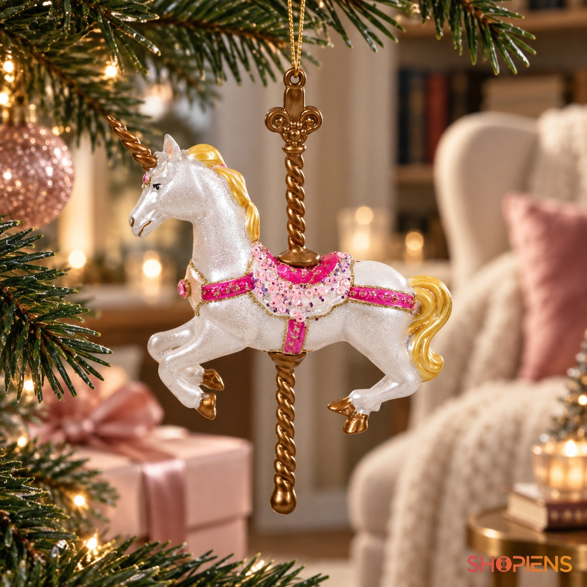 Căluț carusel alb-auriu cu paiete roz suspendat în brad – Shopiens