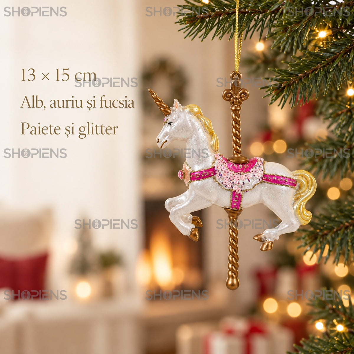 Specificații căluț carusel alb-auriu – Shopiens