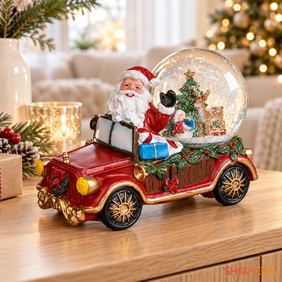 Camion roșu cu Moș Crăciun și glob muzical, 20 cm în decor luminos de Crăciun | Shopiens®