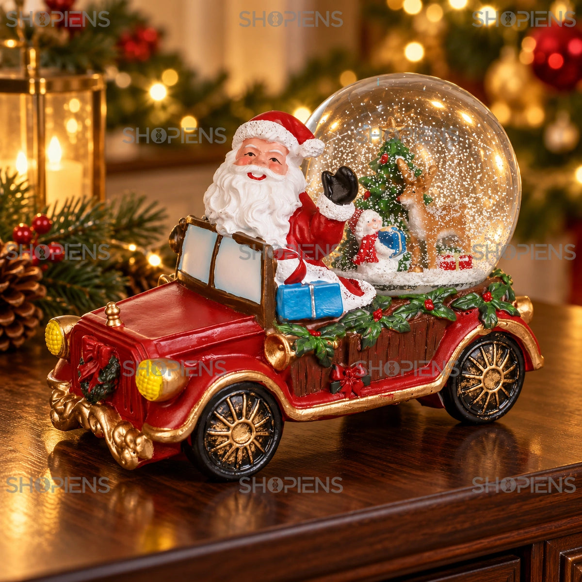 Camion roșu cu Moș Crăciun și glob muzical, 20 cm în decor festiv de seară | Shopiens®