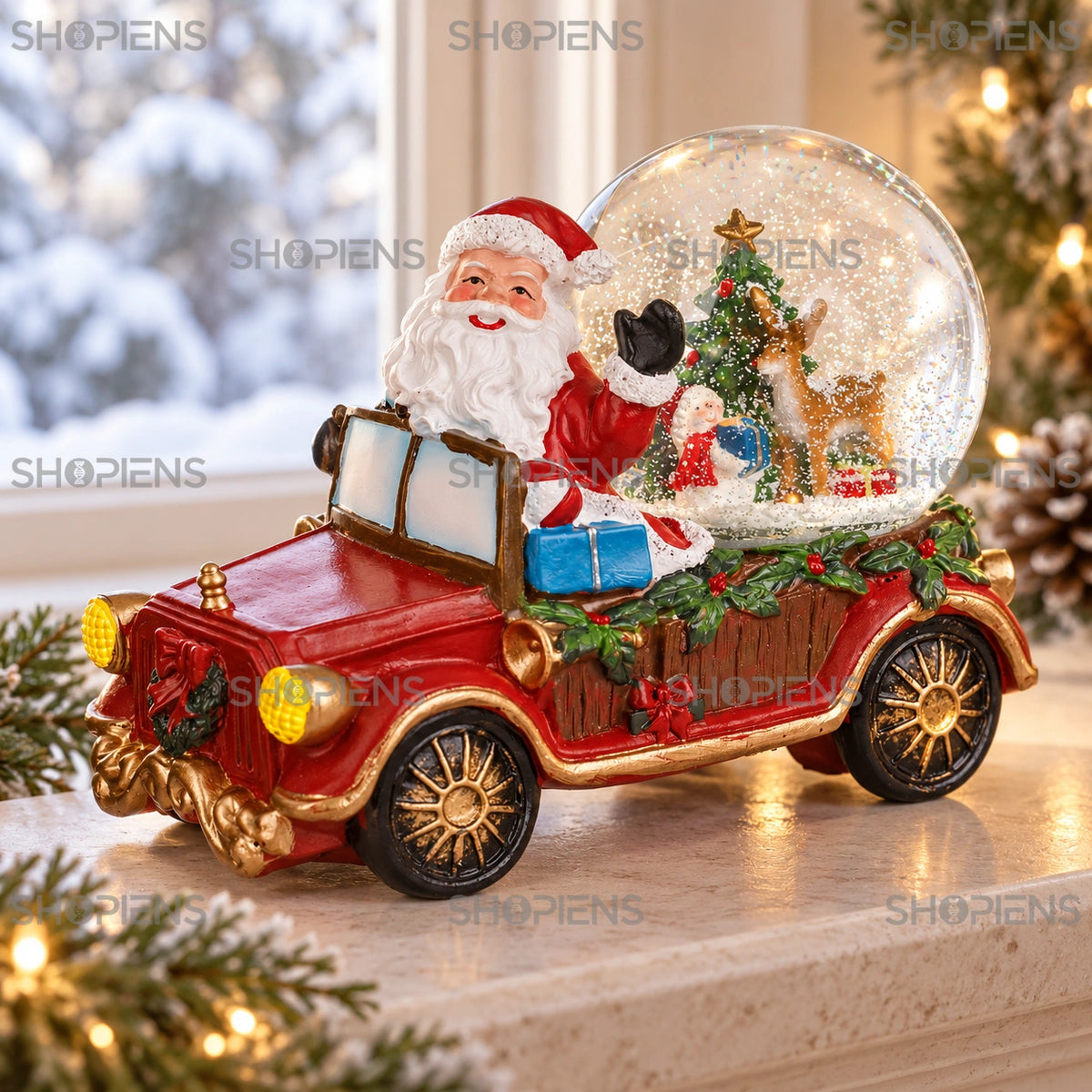 Camion roșu cu Moș Crăciun și glob muzical, 20 cm lângă fereastră, în decor de iarnă | Shopiens®