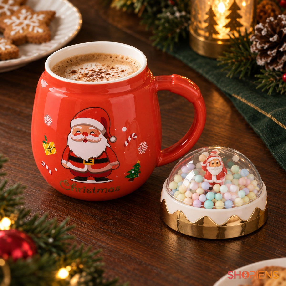 Cană cu Moș Crăciun și capac-glob, 450 ml în decor de Crăciun