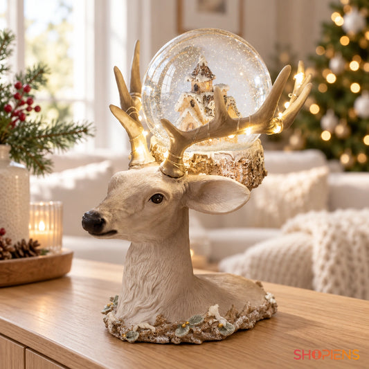 Cap de ren cu lumini LED și glob cu căsuță, 22 cm în decor luminos de Crăciun | Shopiens®