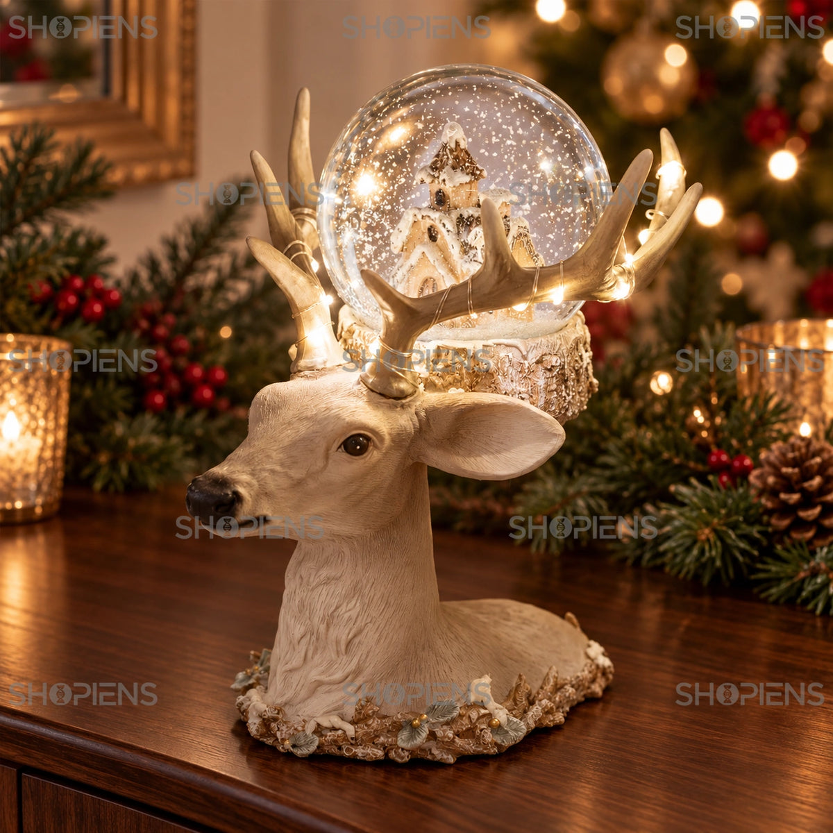 Cap de ren cu lumini LED și glob cu căsuță, 22 cm în decor festiv de seară | Shopiens®