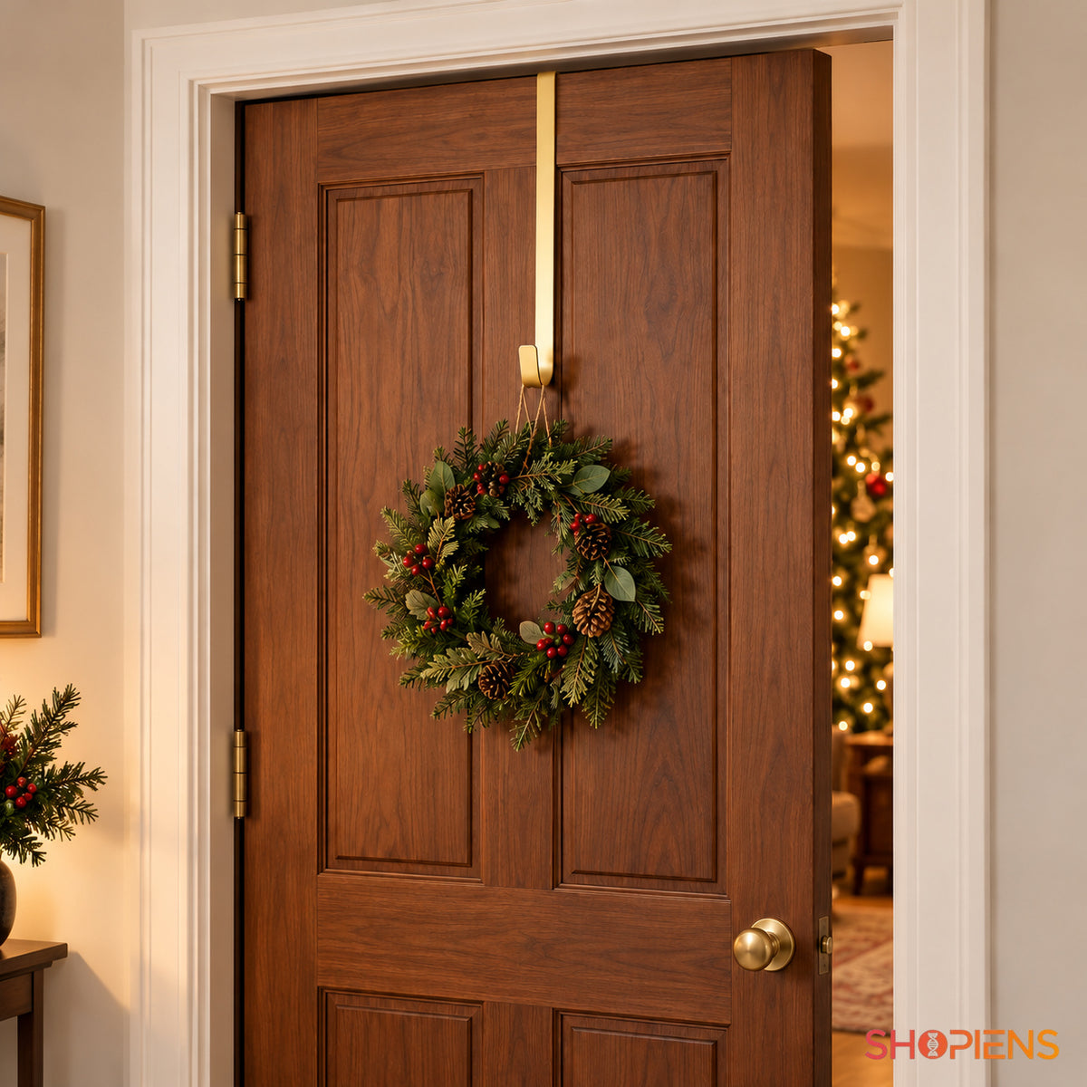 Cârlig metalic pentru coroniță de ușă, 35 cm, montat peste marginea ușii, coroniță și decor neinclus | Shopiens®
