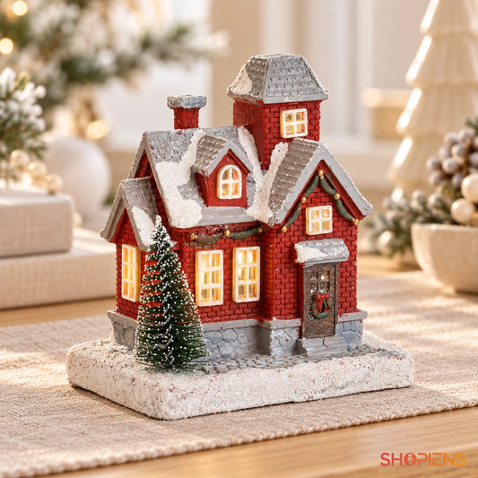 Casă roșie din satul de Crăciun cu brad și LED, 11 cm pe o consolă, într-un decor festiv în lumină naturală | Shopiens®