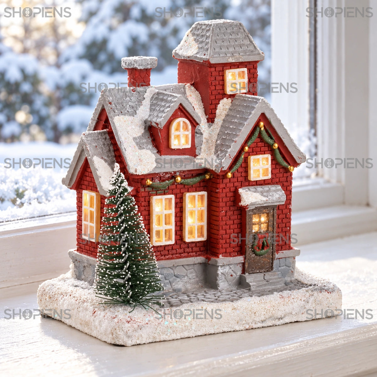 Casă roșie din satul de Crăciun cu brad și LED, 11 cm pe pervazul ferestrei, într-un decor de iarnă | Shopiens®