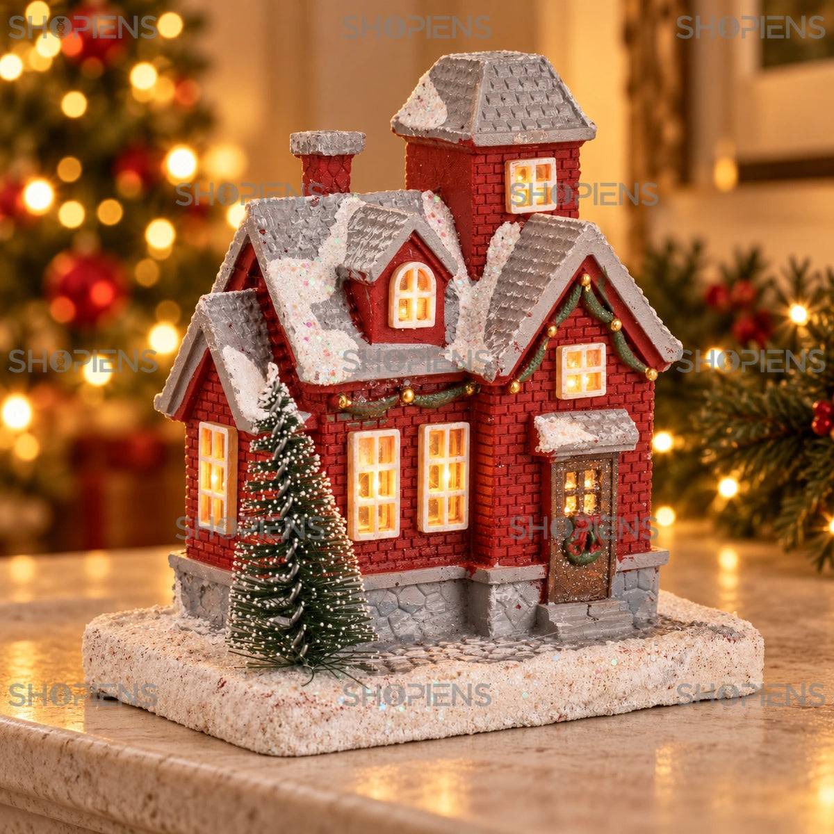 Casă roșie din satul de Crăciun cu brad și LED, 11 cm pe șemineu, într-un decor de seară cu lumini de Crăciun | Shopiens®