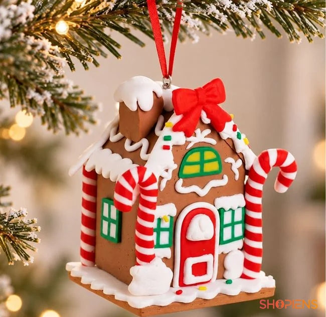 Căsuță gingerbread cu bastonașe roșii și fundă, 10 cm, în brad, decor neinclus | Shopiens®