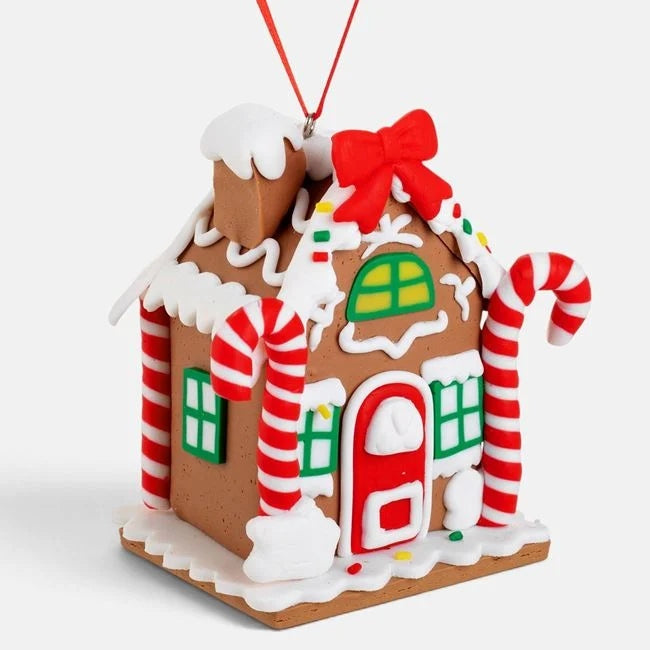 Căsuță gingerbread cu bastonașe roșii și fundă, 10 cm, vedere produs | Shopiens®
