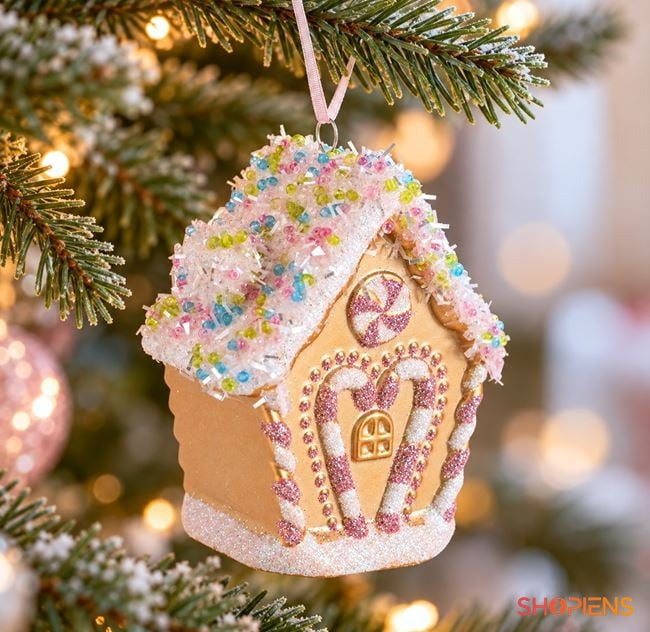 Căsuță gingerbread roz cu bomboane, 8,5 cm, în brad, decor neinclus | Shopiens®