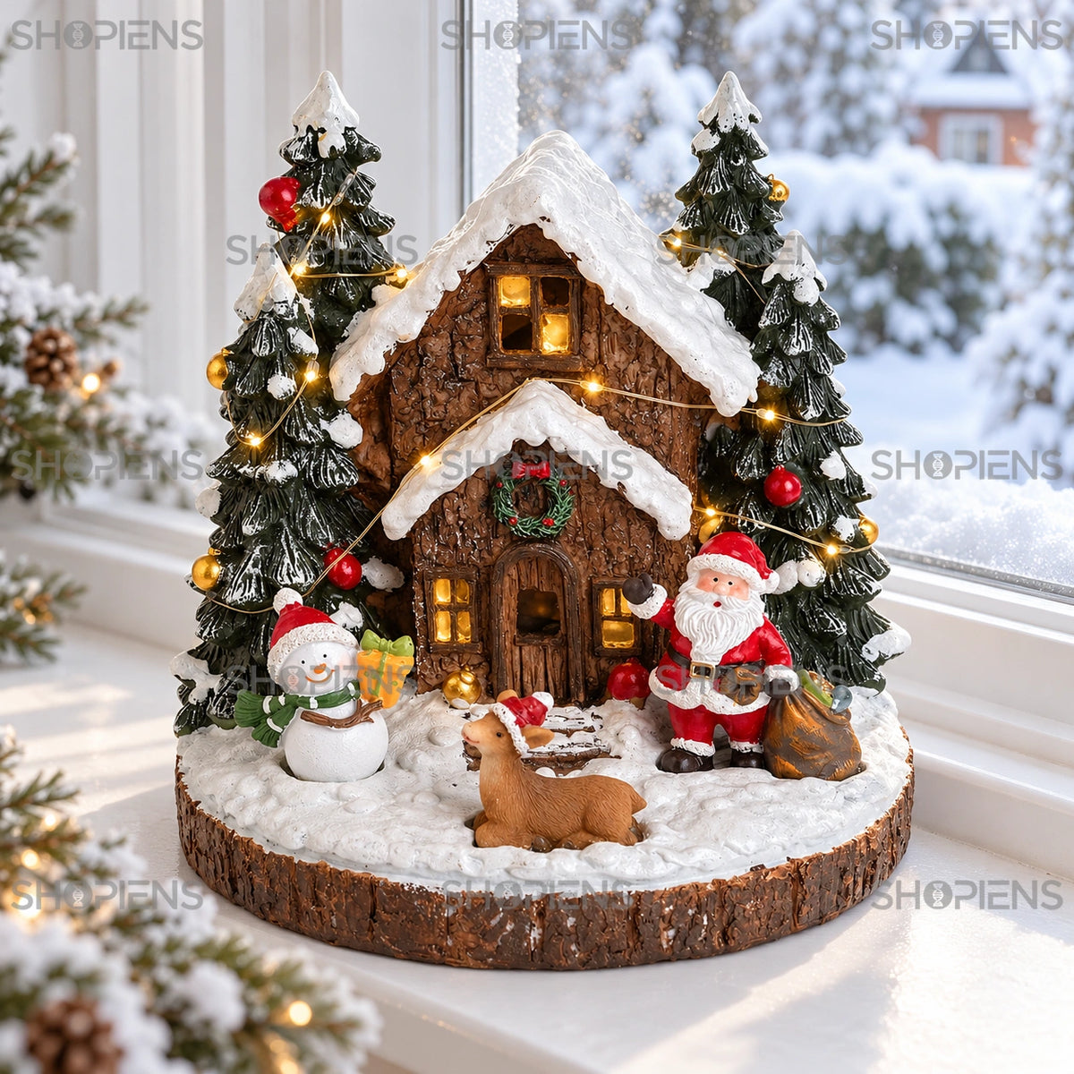 Căsuță cu Moș Crăciun, ren și om de zăpadă cu LED, 20 cm pe pervazul ferestrei, într-un decor de iarnă | Shopiens®
