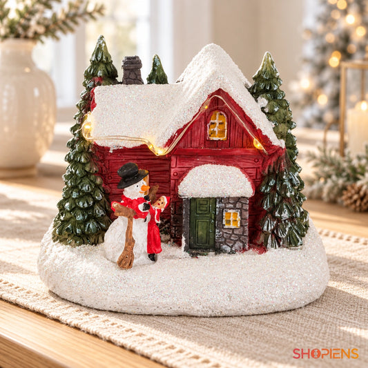 Căsuță ninsă cu om de zăpadă și LED, 11 × 9 × 10 cm pe o consolă, într-un decor festiv în lumină naturală | Shopiens®