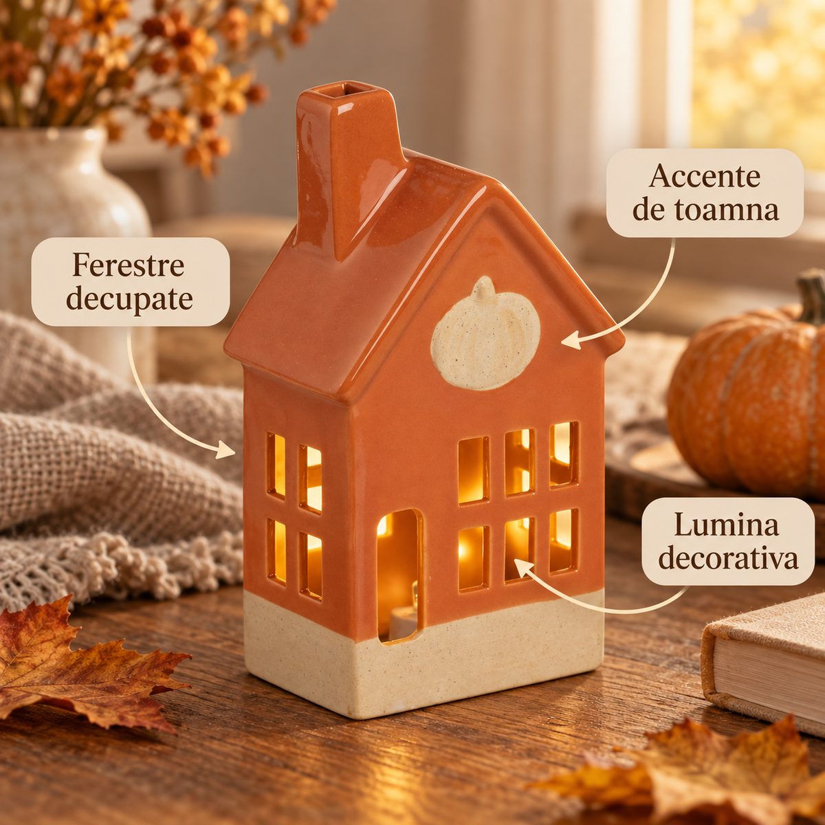 Casuta Portocalie Cu LED Si Detaliu Dovleac, 18 Cm - avantaje - Shopiens