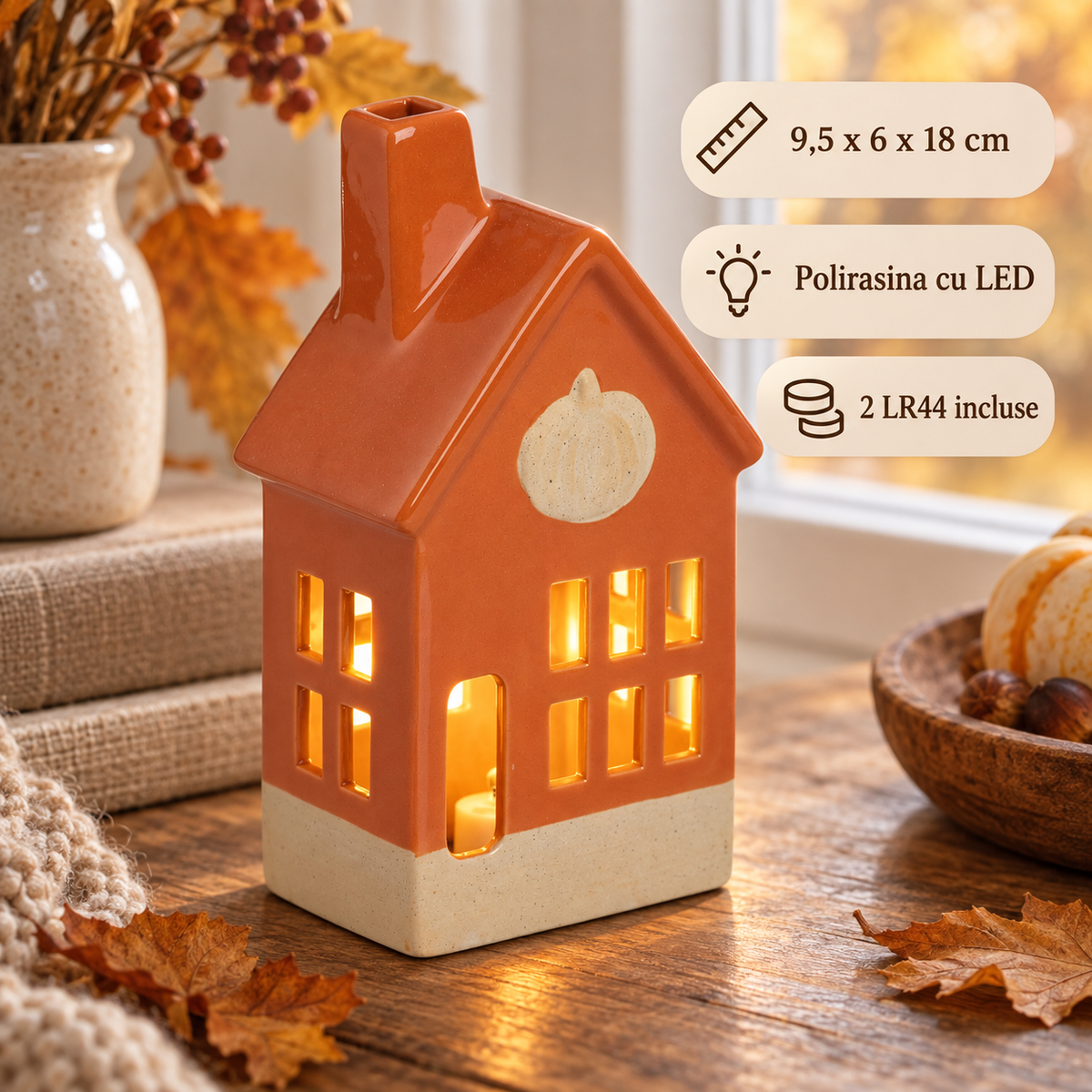 Casuta Portocalie Cu LED Si Detaliu Dovleac, 18 Cm - specificatii - Shopiens