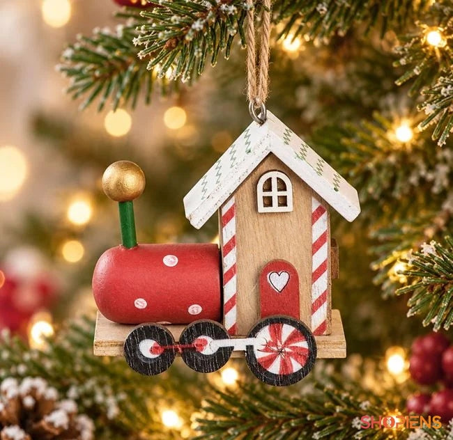 Căsuță cu tren din lemn 3D, 7 × 4 × 7 cm, în brad, decor neinclus | Shopiens®