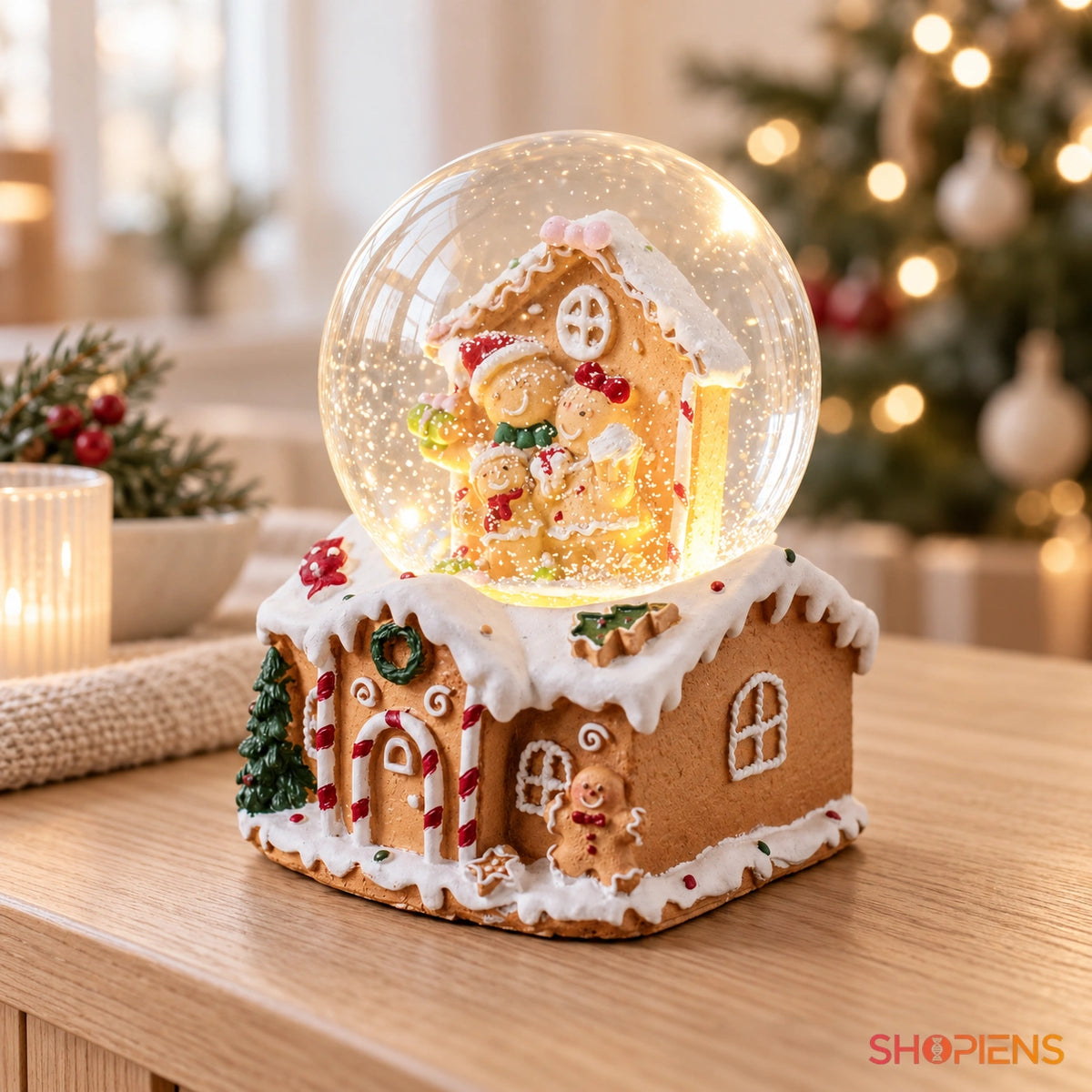 Căsuță de turtă dulce cu glob muzical și LED, 14 cm în decor luminos de Crăciun | Shopiens®