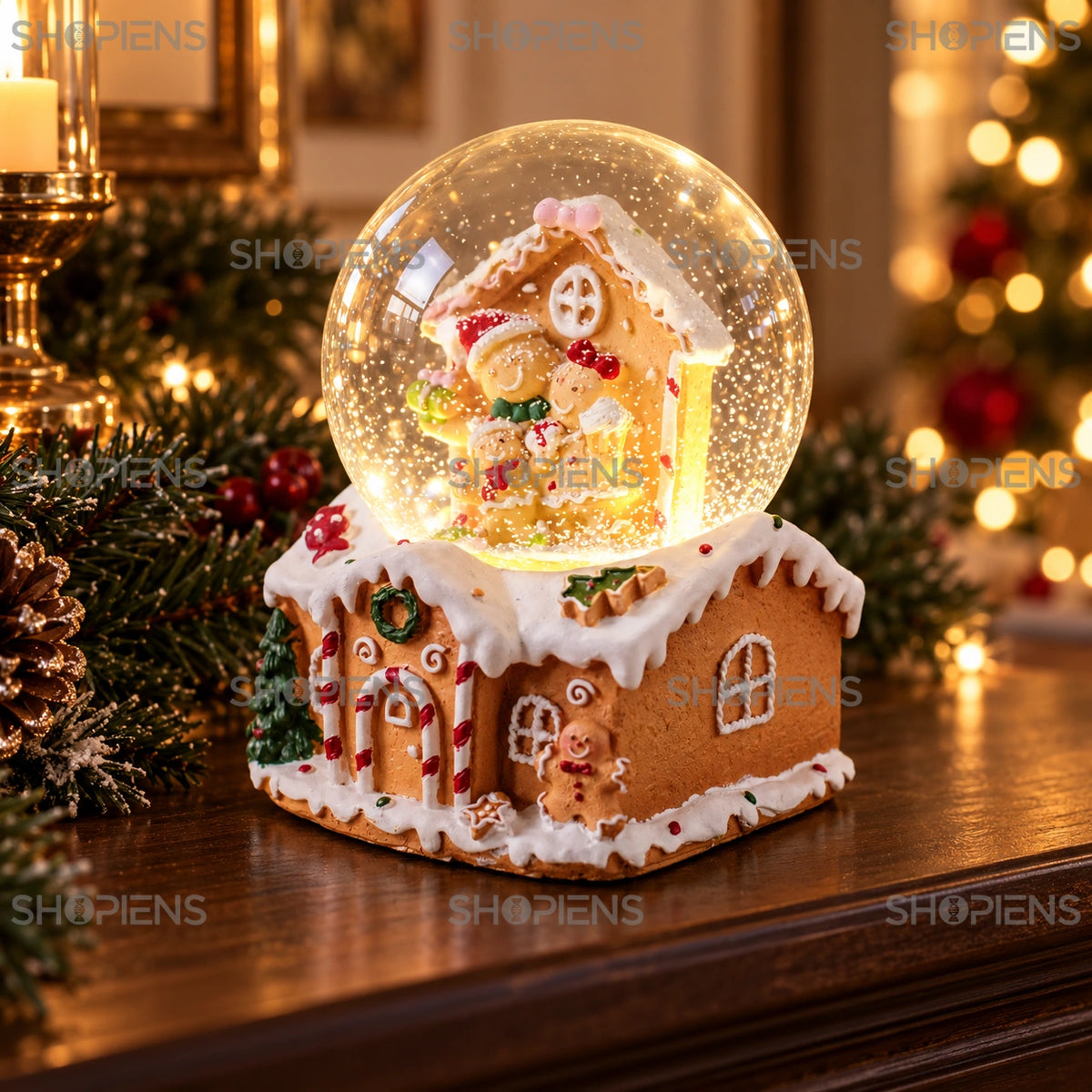 Căsuță de turtă dulce cu glob muzical și LED, 14 cm în decor festiv de seară | Shopiens®
