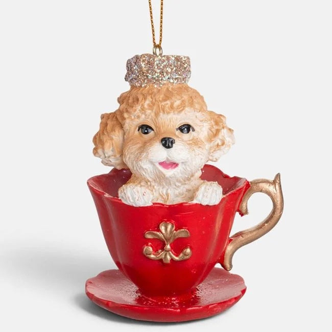 Cățel caniche în ceașcă roșie, 9 cm, vedere produs | Shopiens®