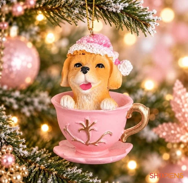 Cățel labrador în ceașcă roz, 9 cm, în brad, decor neinclus | Shopiens®