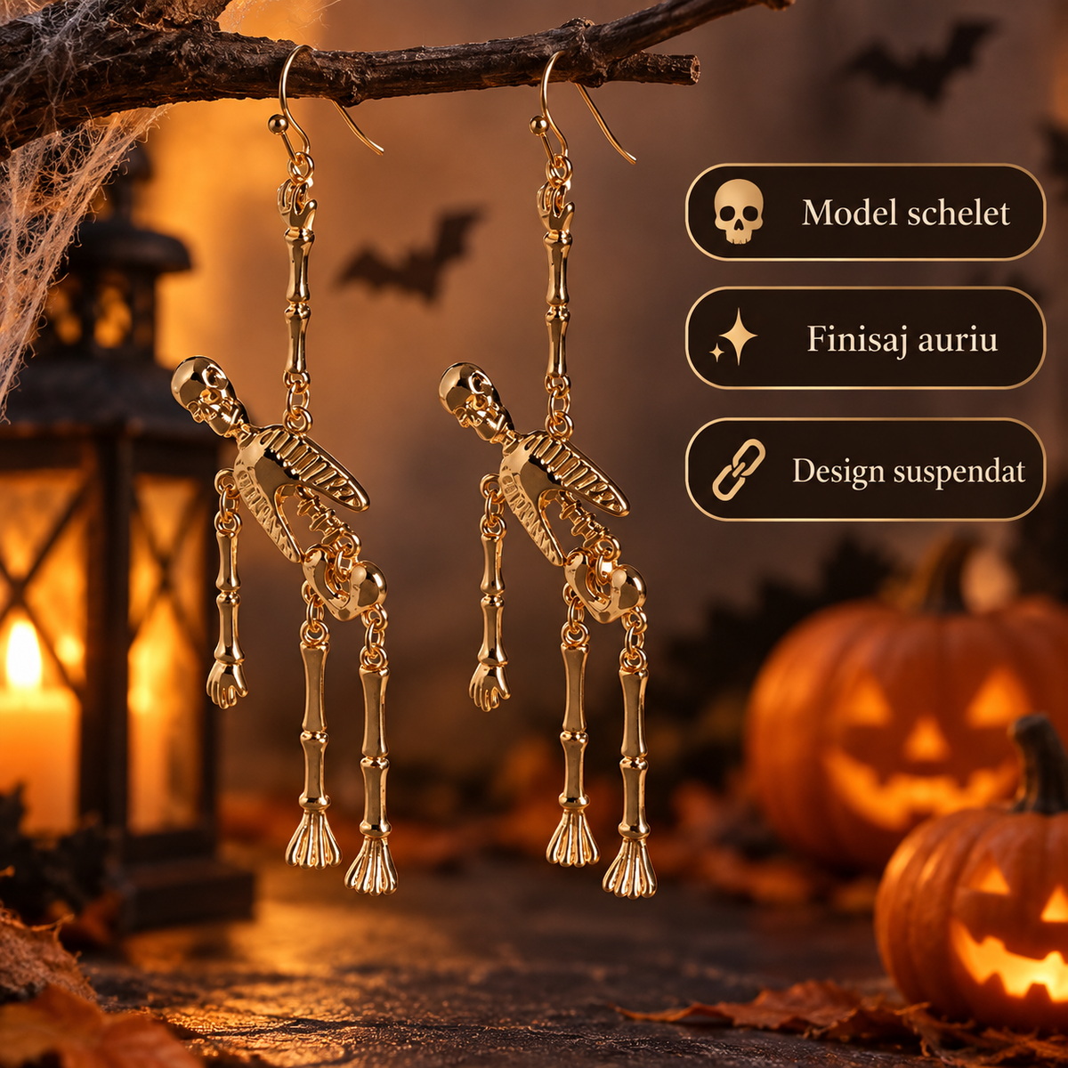 Cercei Schelet Aurii Pentru Halloween, 9 Cm - avantaje - Shopiens