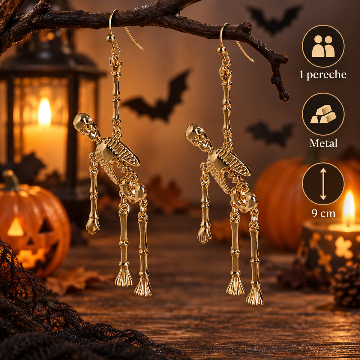 Cercei Schelet Aurii Pentru Halloween, 9 Cm - specificatii - Shopiens