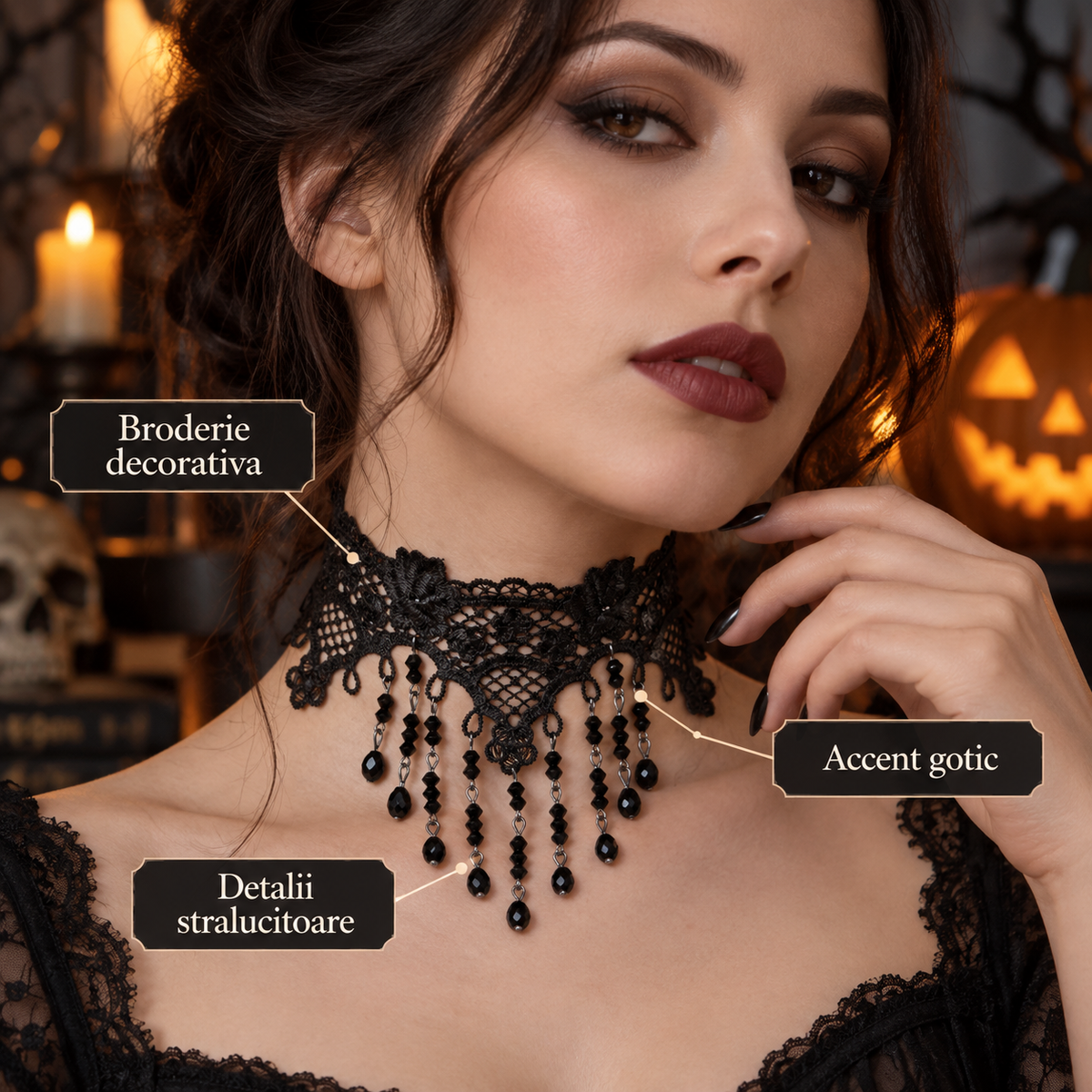 Choker Din Dantela Cu Strass Negru Pentru Halloween - avantaje - Shopiens