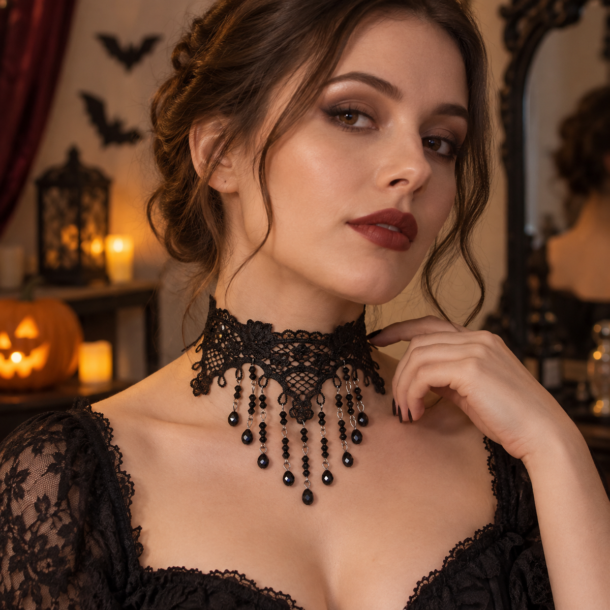 Choker Din Dantela Cu Strass Negru Pentru Halloween - in folosinta 2 - Shopiens