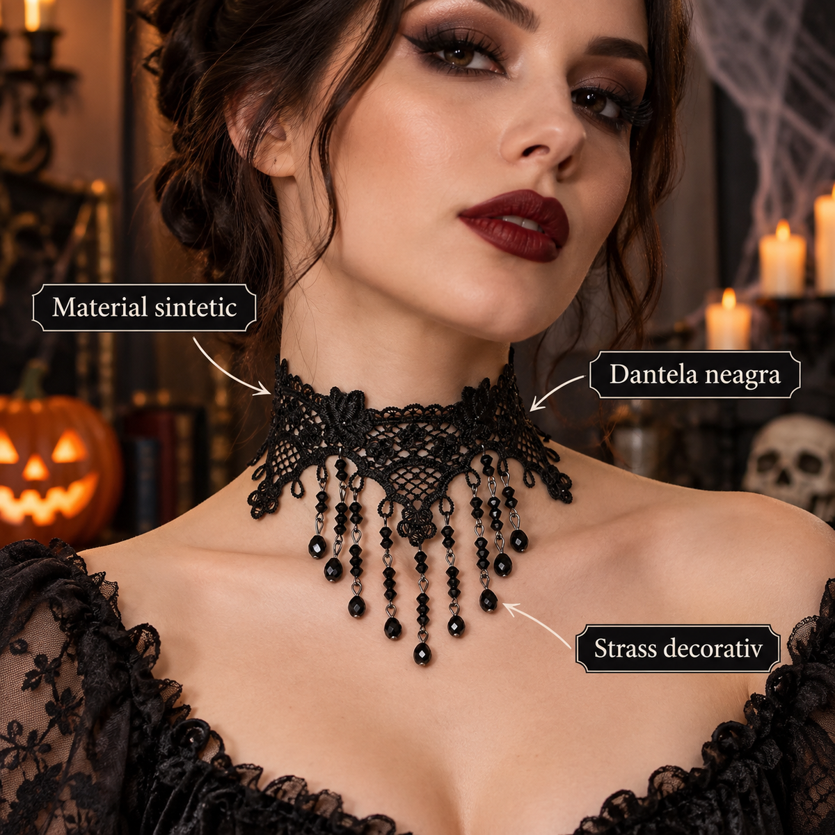 Choker Din Dantela Cu Strass Negru Pentru Halloween - specificatii - Shopiens