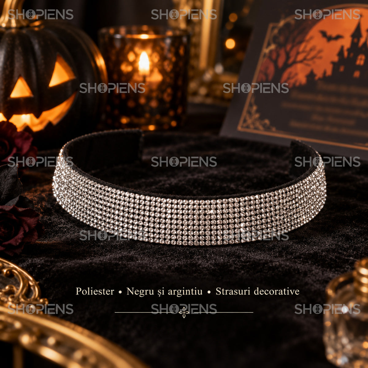 Choker Negru Cu Strasuri Argintii