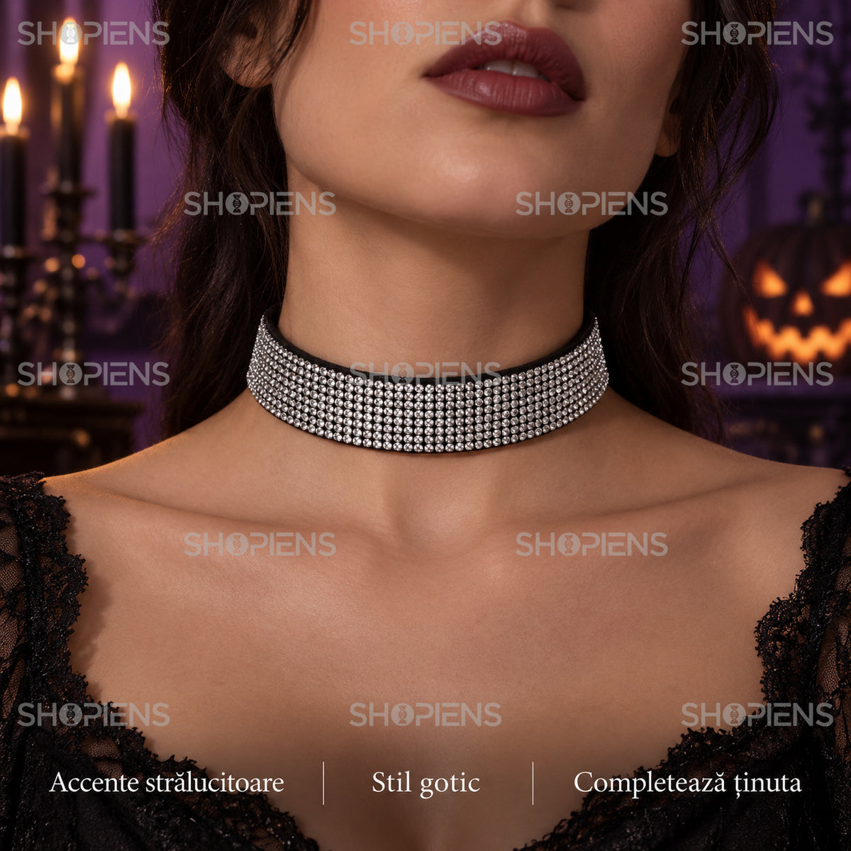 Choker Negru Cu Strasuri Argintii
