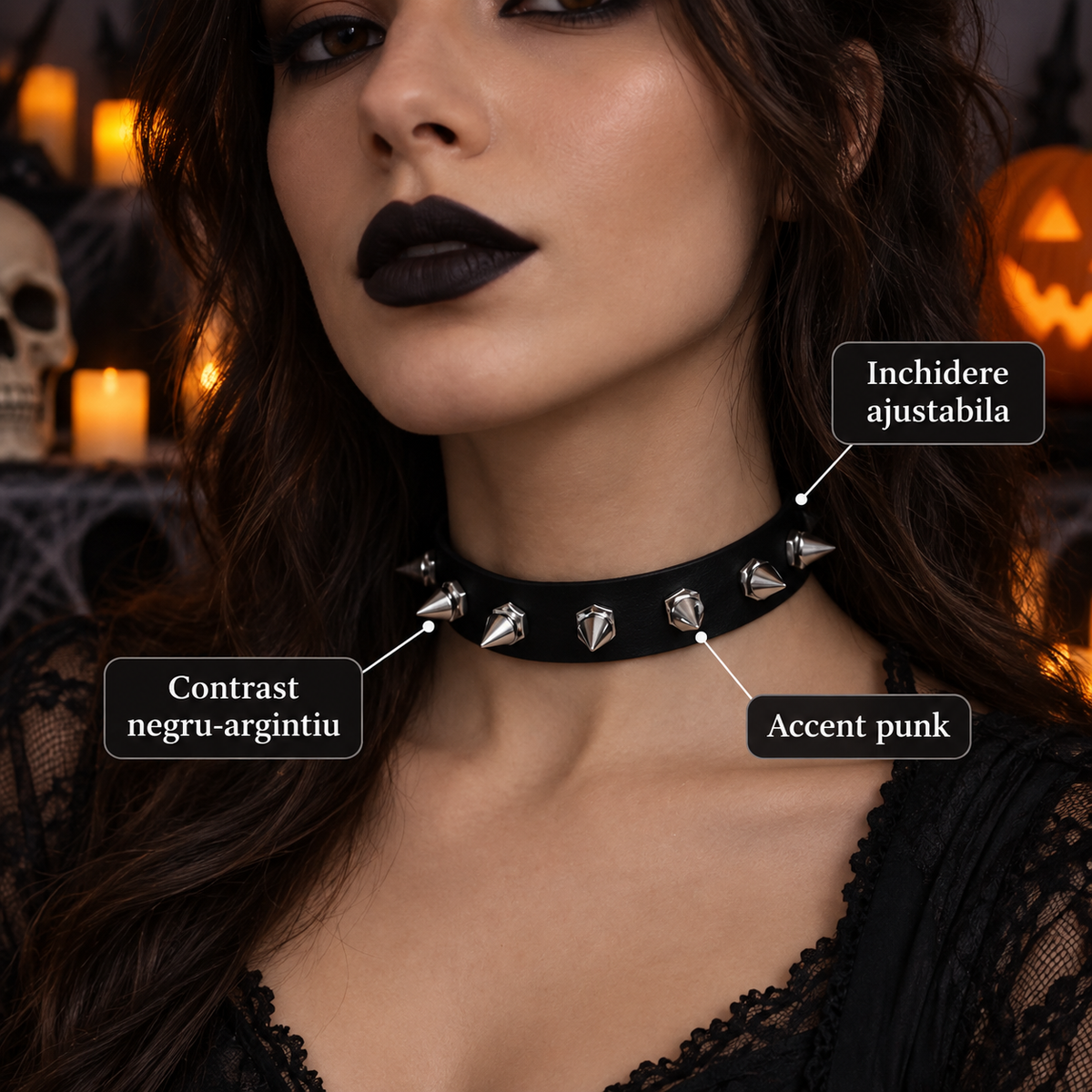 Choker Punk Negru Cu Tinte Argintii Si Capse - avantaje - Shopiens