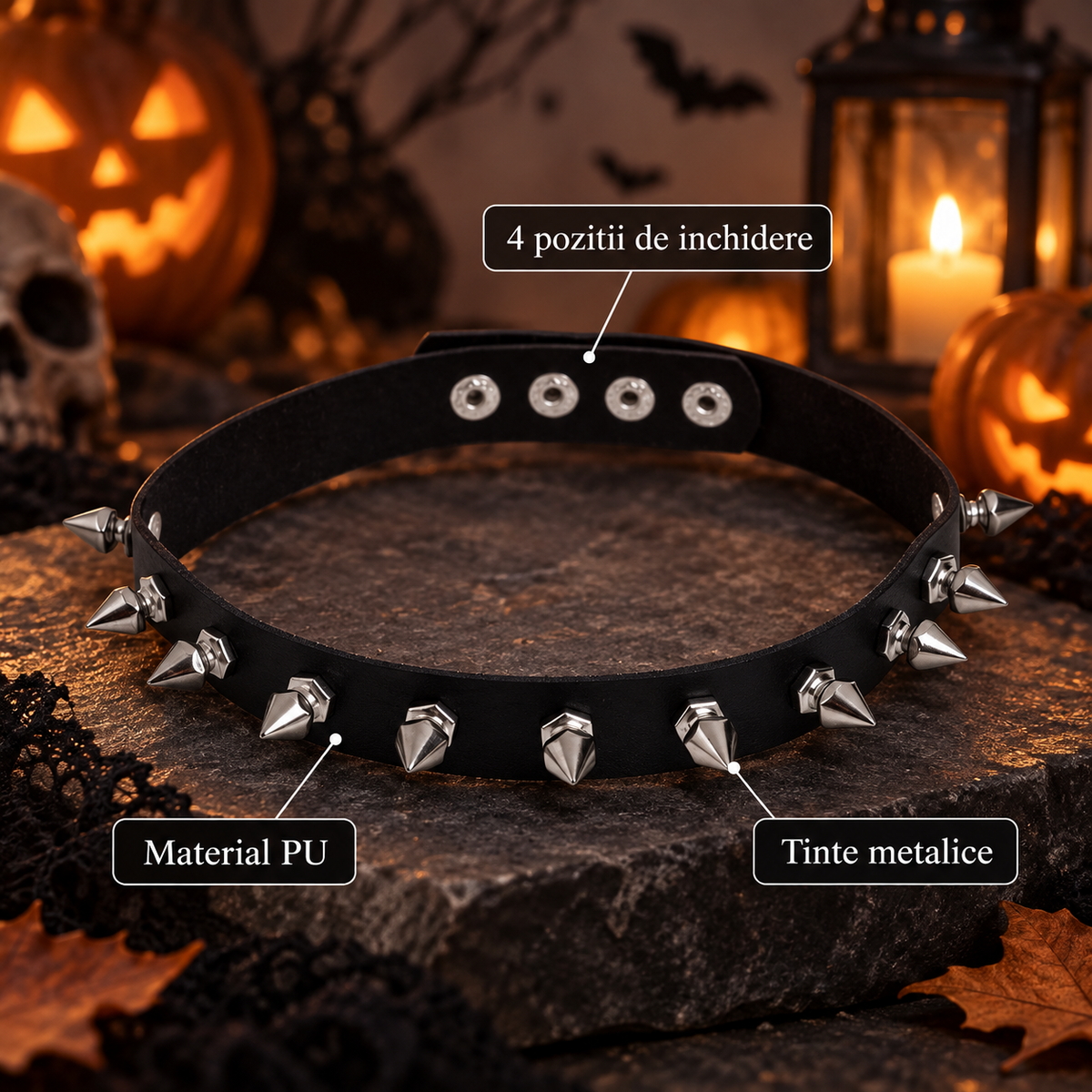 Choker Punk Negru Cu Tinte Argintii Si Capse - specificatii - Shopiens