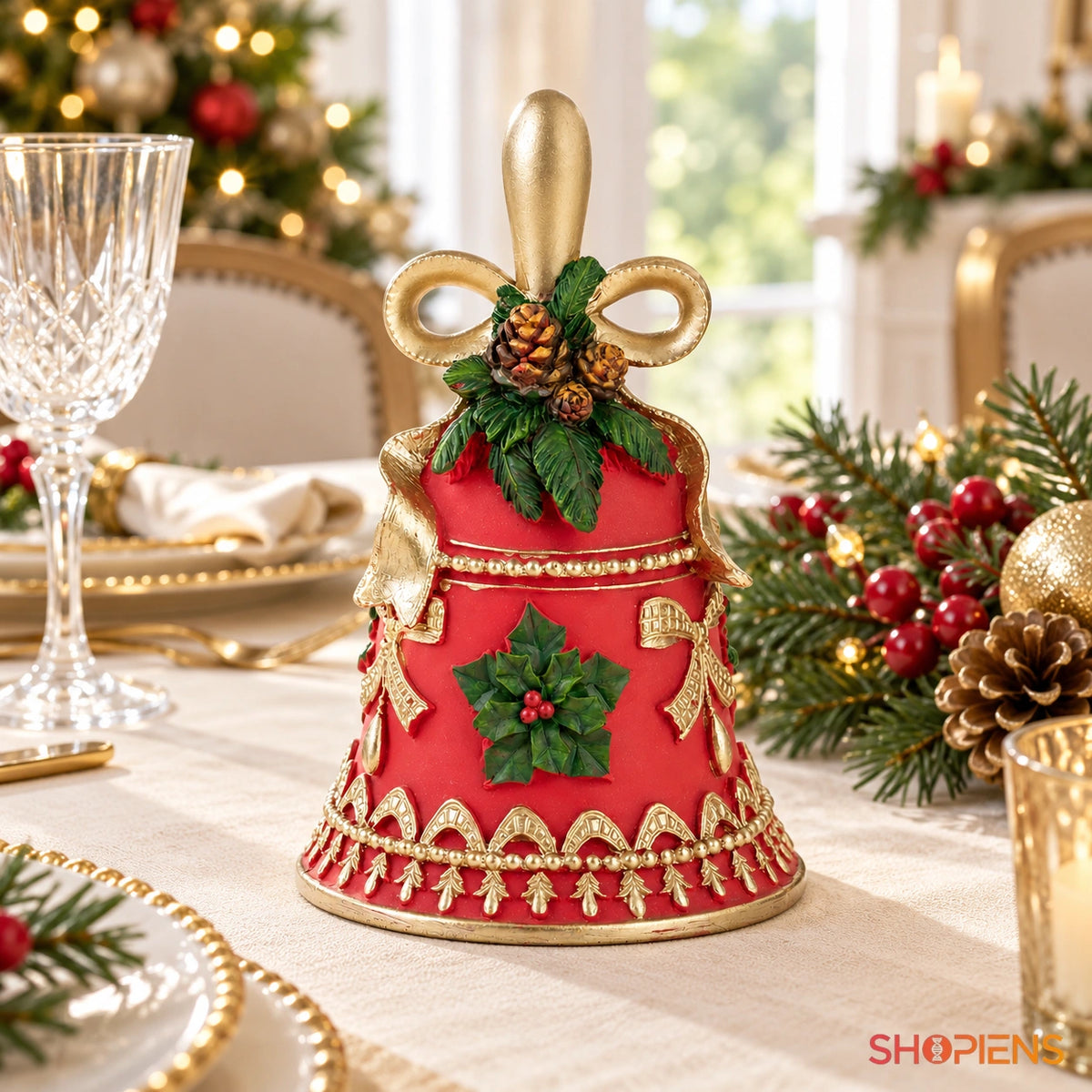 Clopot decorativ roșu cu conuri și detalii aurii, 20 cm pe masa festivă, în lumină naturală | Shopiens®