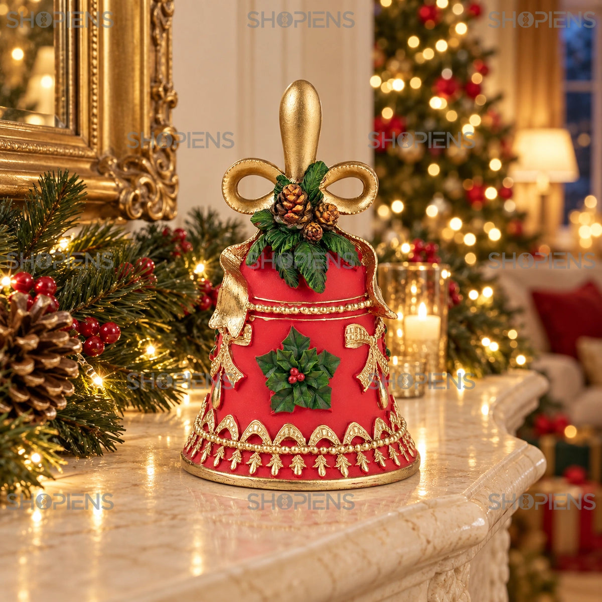 Clopot decorativ roșu cu conuri și detalii aurii, 20 cm pe șemineu, într-un decor de seară cu lumini de Crăciun | Shopiens®