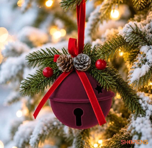 Clopoțel bordo catifelat cu conuri, Ø8 cm, în brad, decor neinclus | Shopiens®