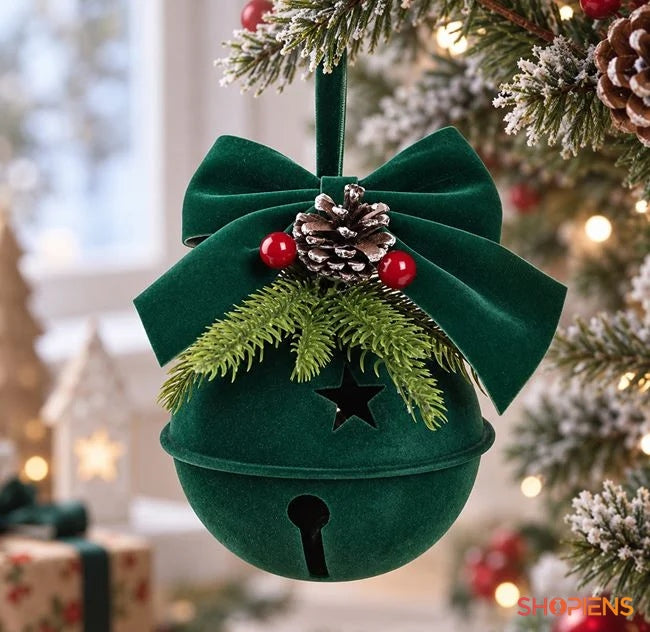 Clopoțel verde catifelat cu con și fundă, Ø14 cm, în brad, decor neinclus | Shopiens®