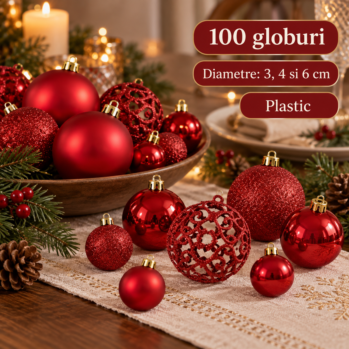 Colectie De 100 Globuri Rosii Pentru Bradul De Craciun - specificatii - Shopiens