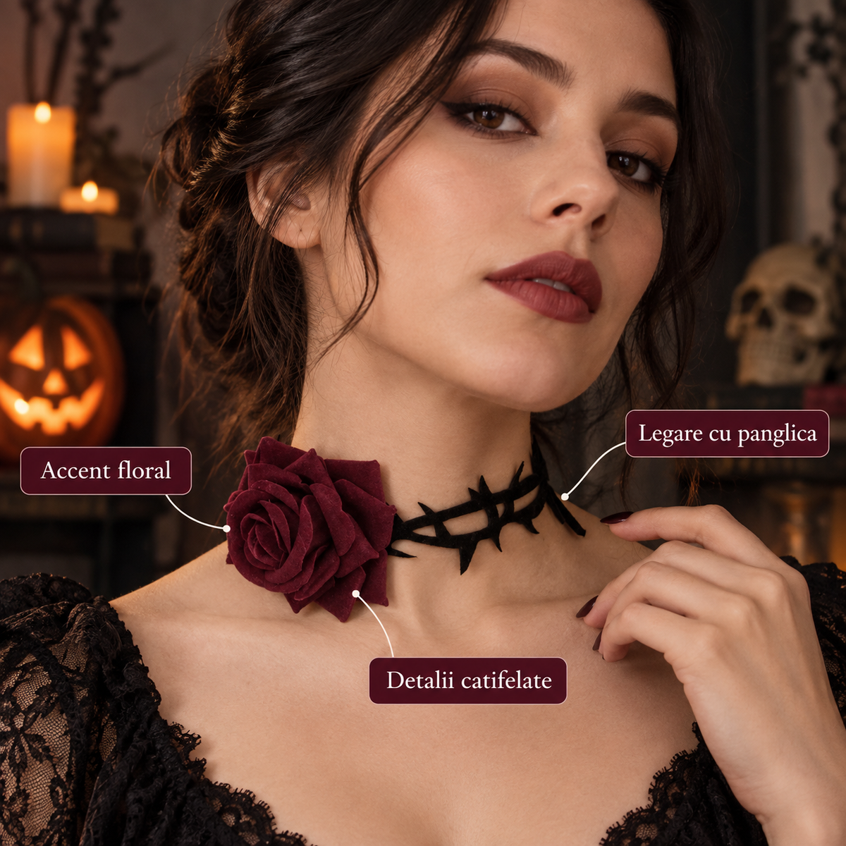 Colier Gotic Cu Trandafir Bordo Si Spini Catifelati - avantaje - Shopiens