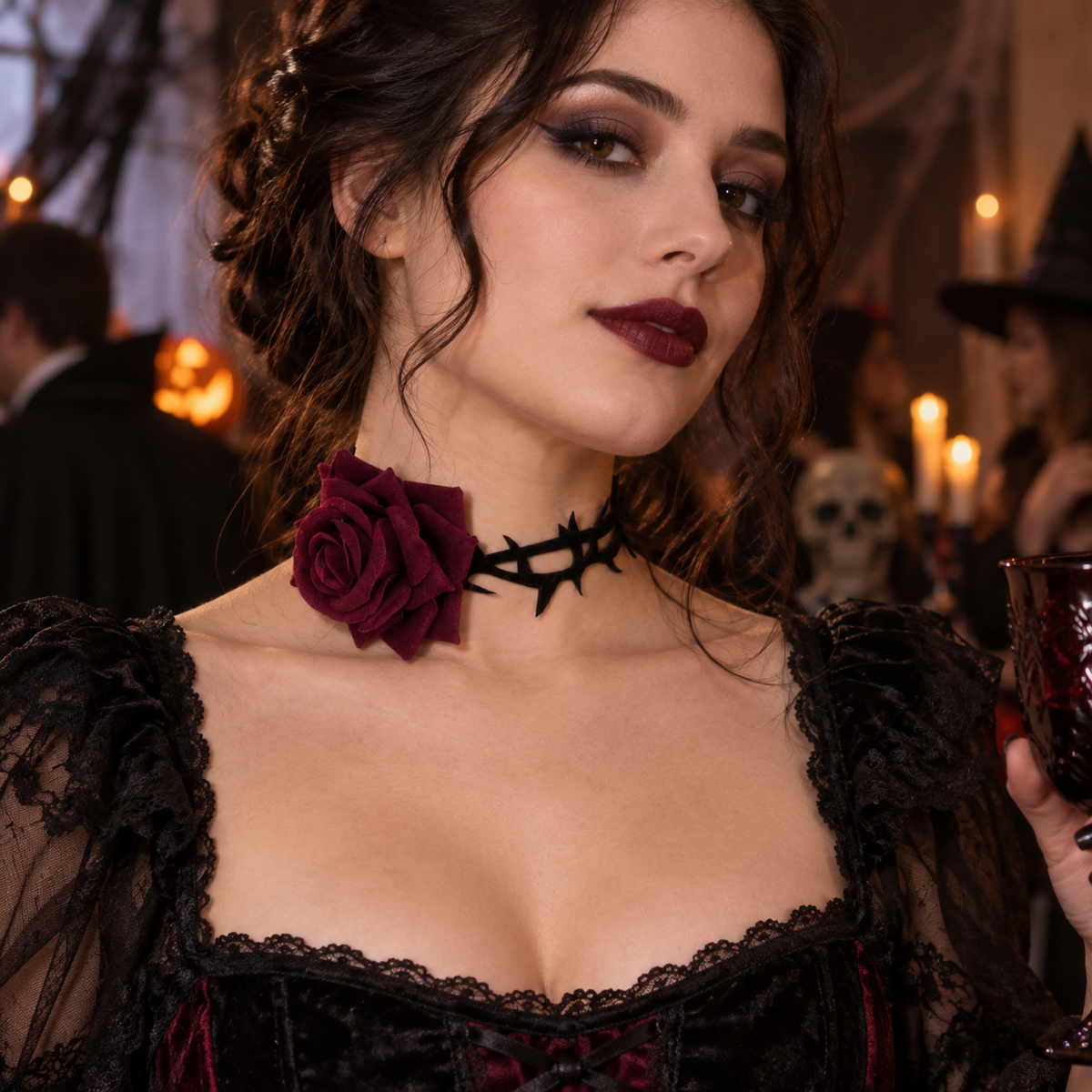 Colier Gotic Cu Trandafir Bordo Si Spini Catifelati - in folosinta 2 - Shopiens