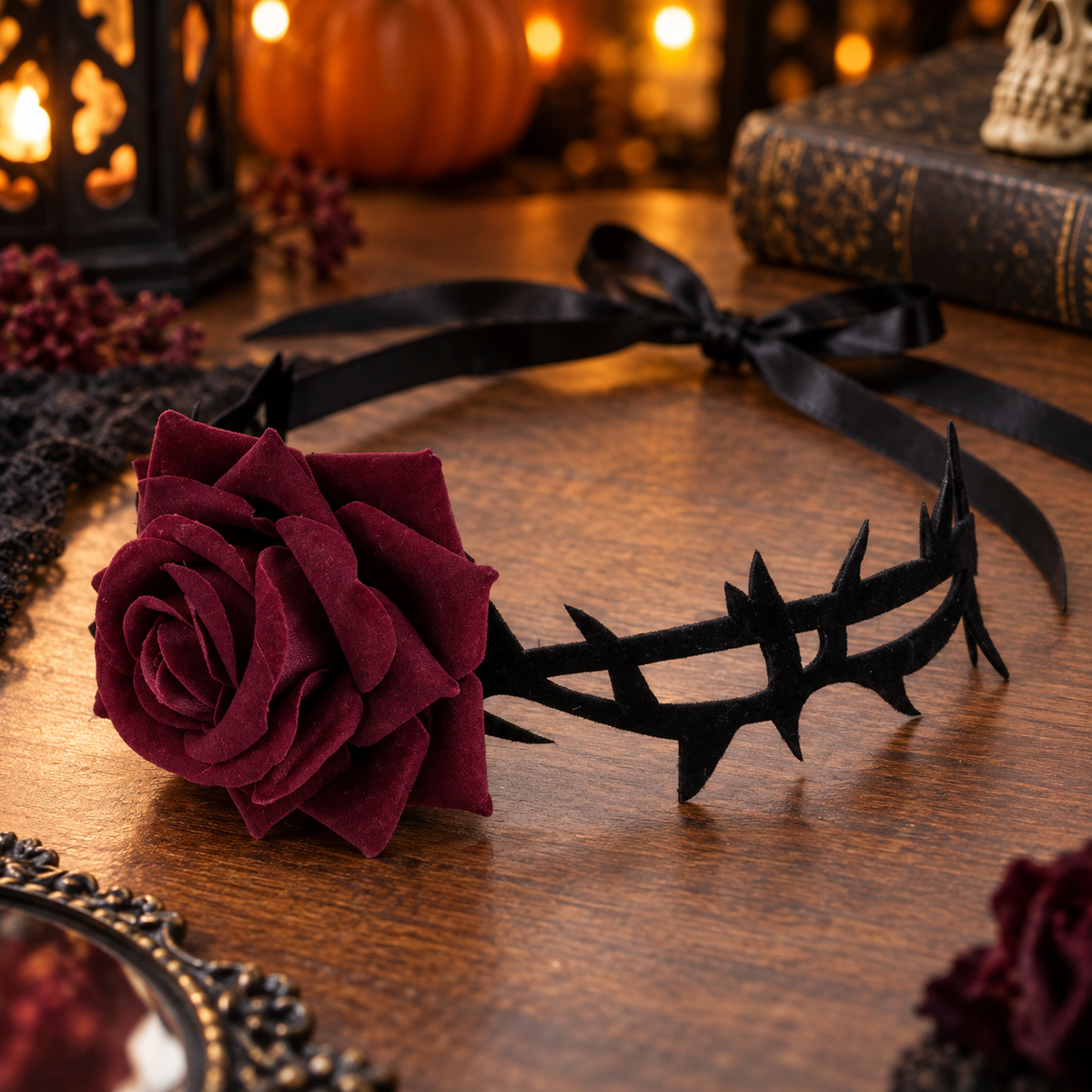 Colier Gotic Cu Trandafir Bordo Si Spini Catifelati - lifestyle principala - Shopiens